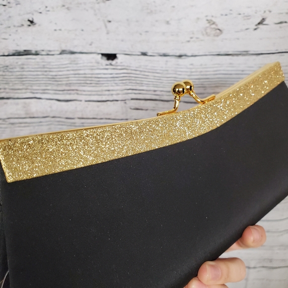 NWT Gold Glitter Chain Black Formal Bag Clutch - Picture 3 of 5